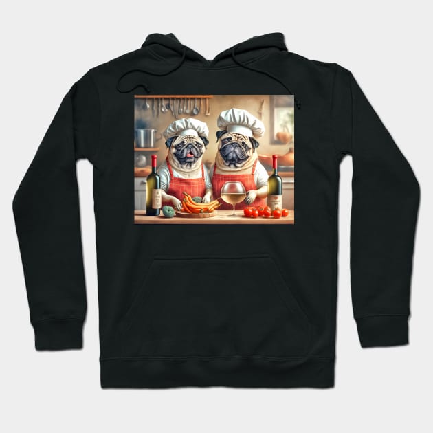 Pug Chefs Cooking in the Kitchen Hoodie by candiscamera